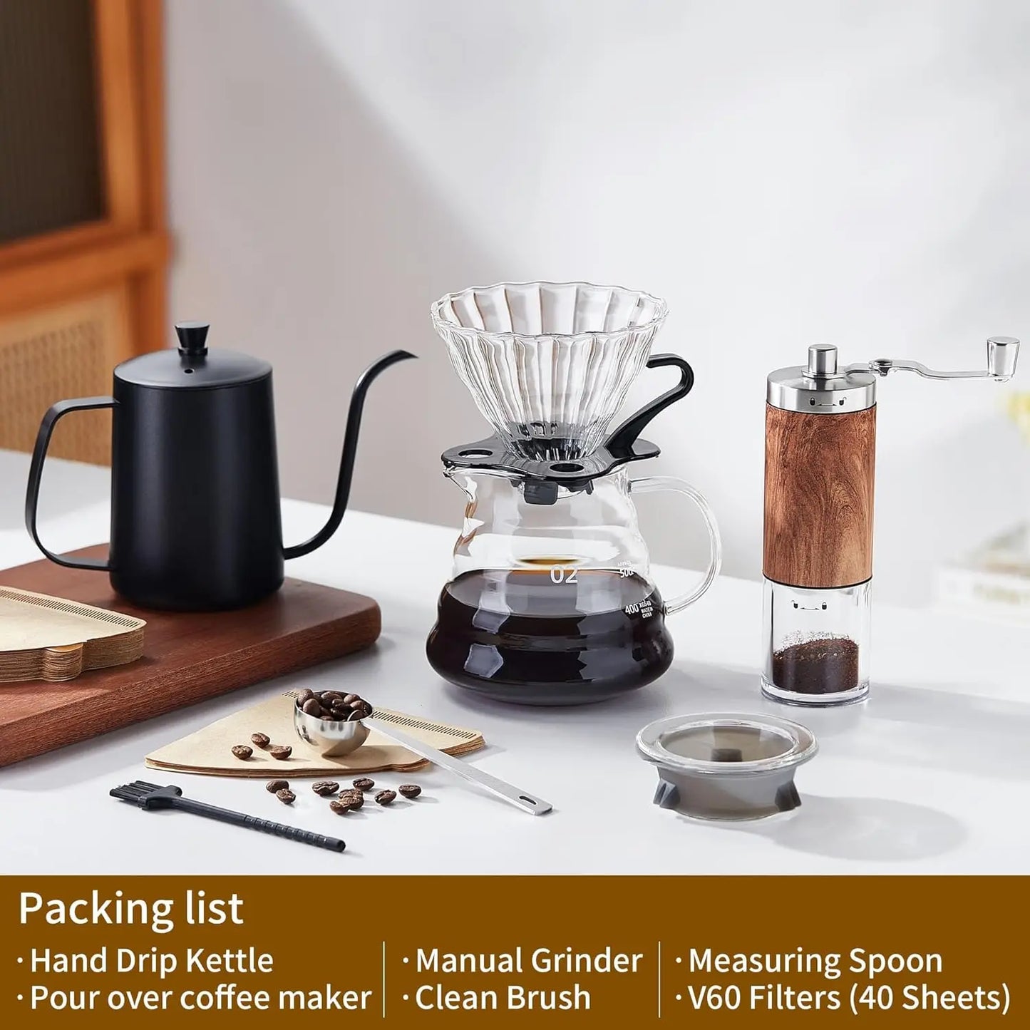 Pour Over Coffee Maker Set – 6-Piece Set with Coffee Maker, Hand Coffee Grinder, Hand Drip Kettle, V60 Filters (40 Sheets), and