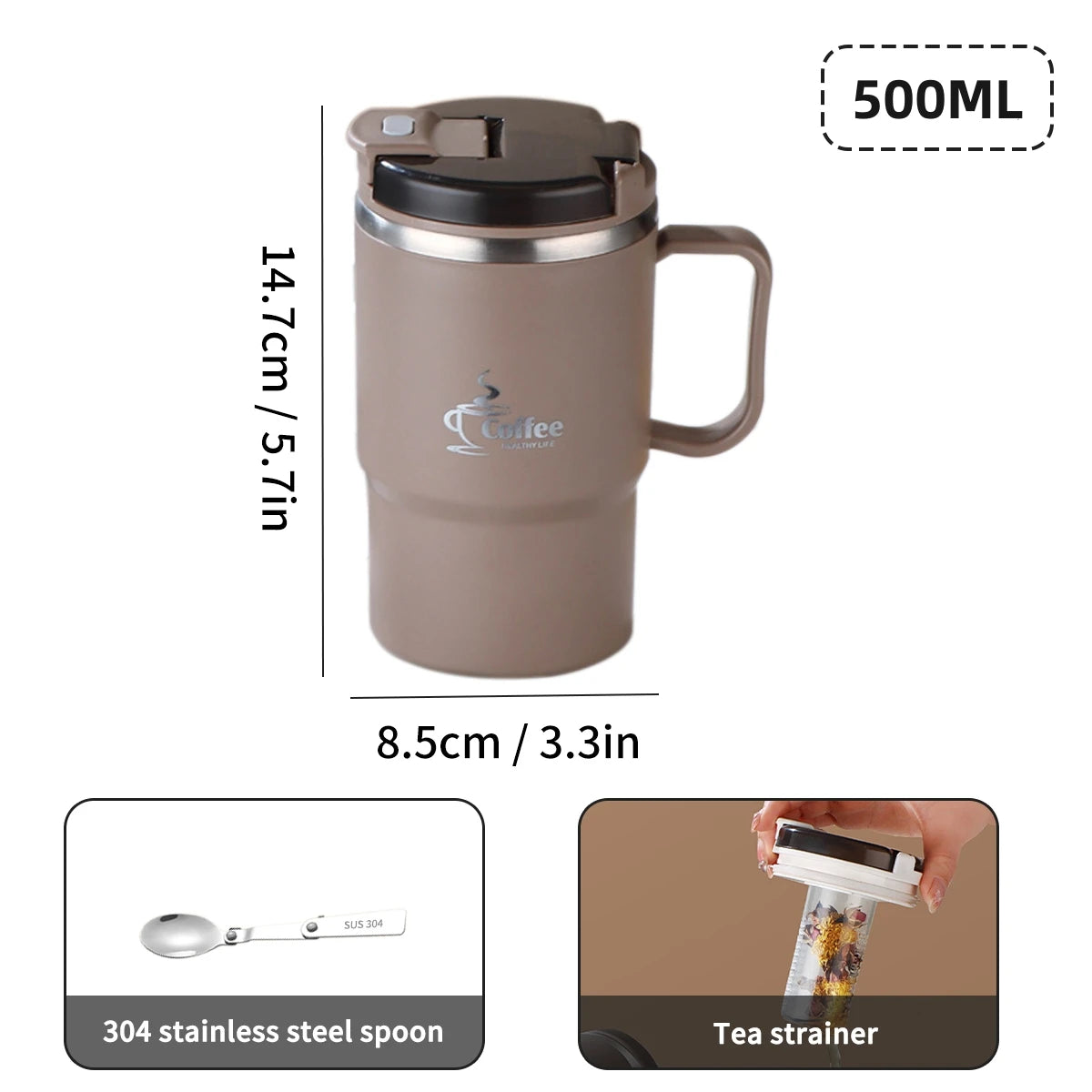 WORTHBUY Double-Wall Coffee Mug 304 Stainless Steel Water Mug Cup With Spoon&Tea Strainer Leak Proof Anti Scalding Drinking Cup