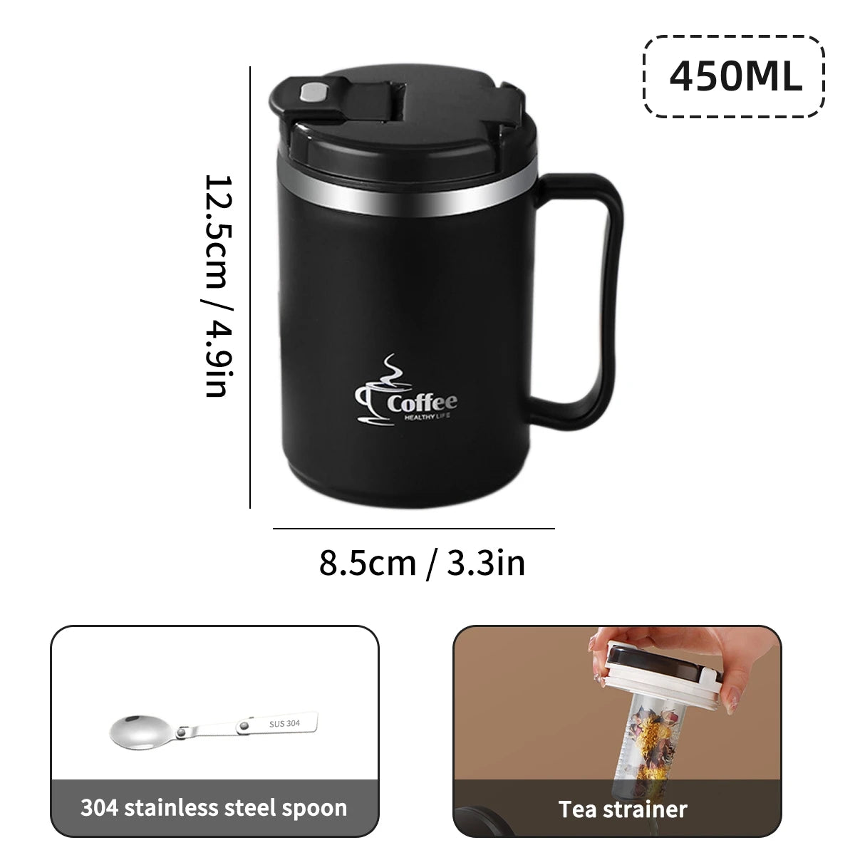 WORTHBUY Double-Wall Coffee Mug 304 Stainless Steel Water Mug Cup With Spoon&Tea Strainer Leak Proof Anti Scalding Drinking Cup