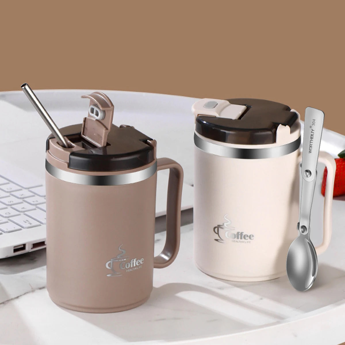 WORTHBUY Double-Wall Coffee Mug 304 Stainless Steel Water Mug Cup With Spoon&Tea Strainer Leak Proof Anti Scalding Drinking Cup